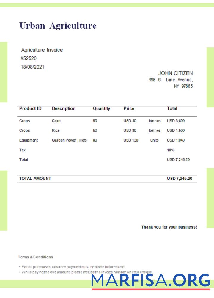 Printable USA Urban Agriculture invoice download for verification